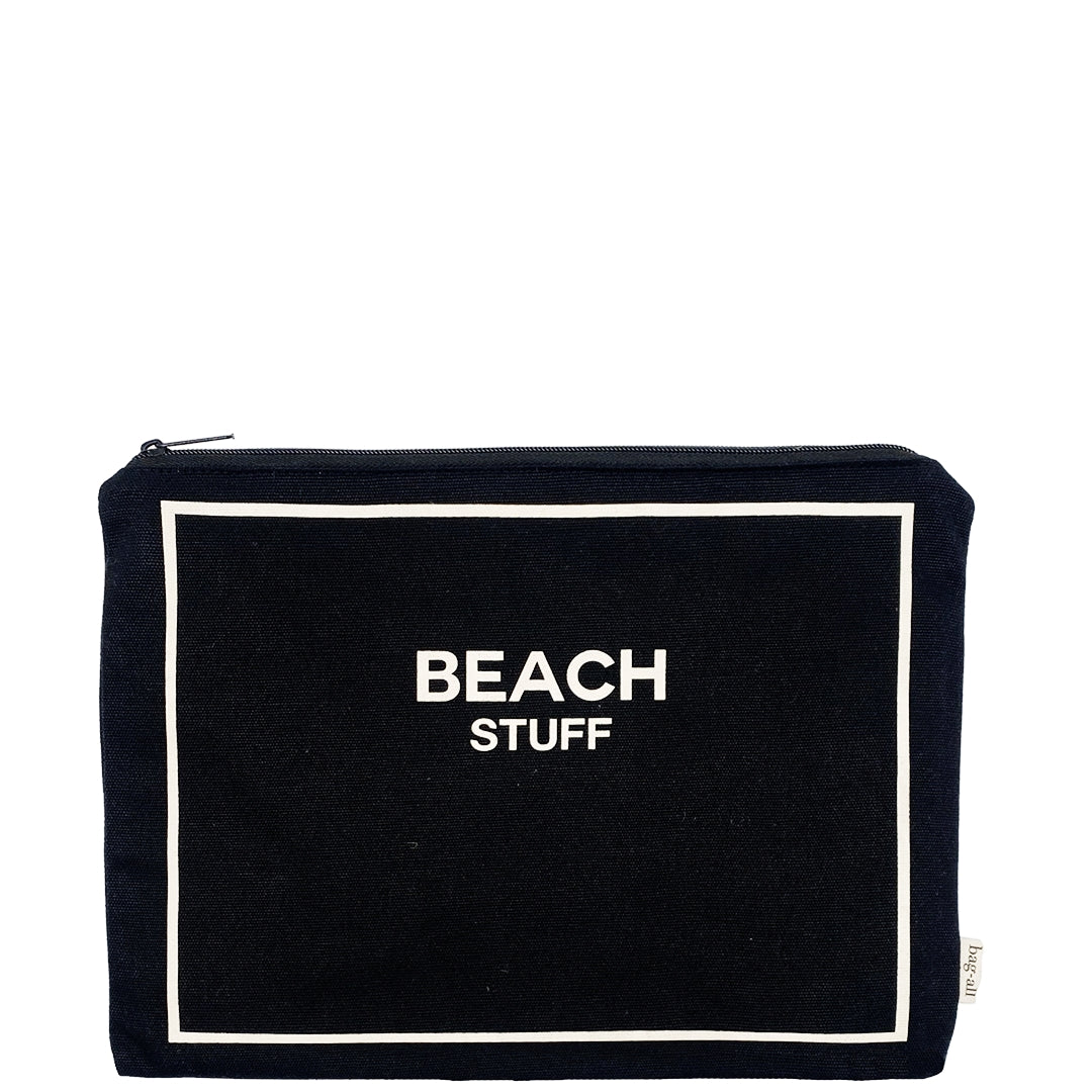 Bag-all Monogram Beach Pouch in black cotton with white border, featuring 'BEACH STUFF' text, perfect for organizing swimwear and beach essentials, waterproof lined with metal zipper