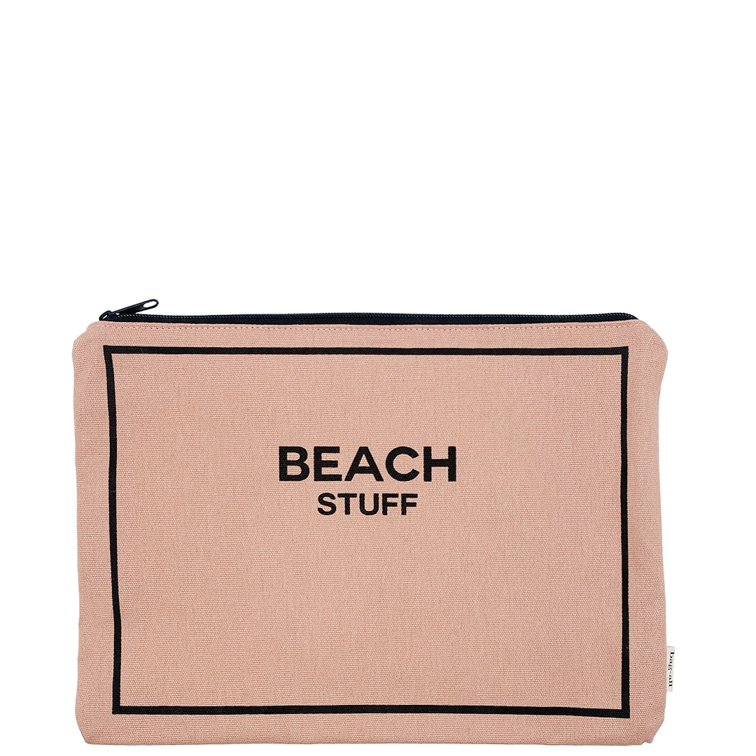 Bag-all Stylish Beach Essentials 3-pack in pink blush cotton featuring waterproof Beach Stuff pouch with black border trim and zipper closure, part of monogrammable beach storage set