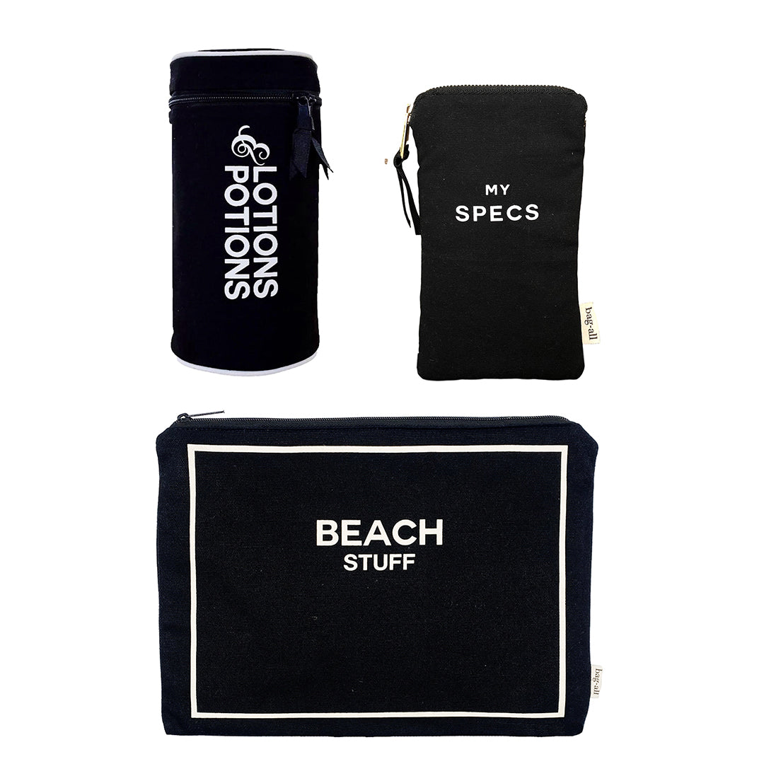 Bag-all Stylish Beach Essential Set featuring black cotton cases: 'Beach Stuff' pouch, 'My Specs' case, and 'Lotions & Potions' holder with white text and zipper closures.