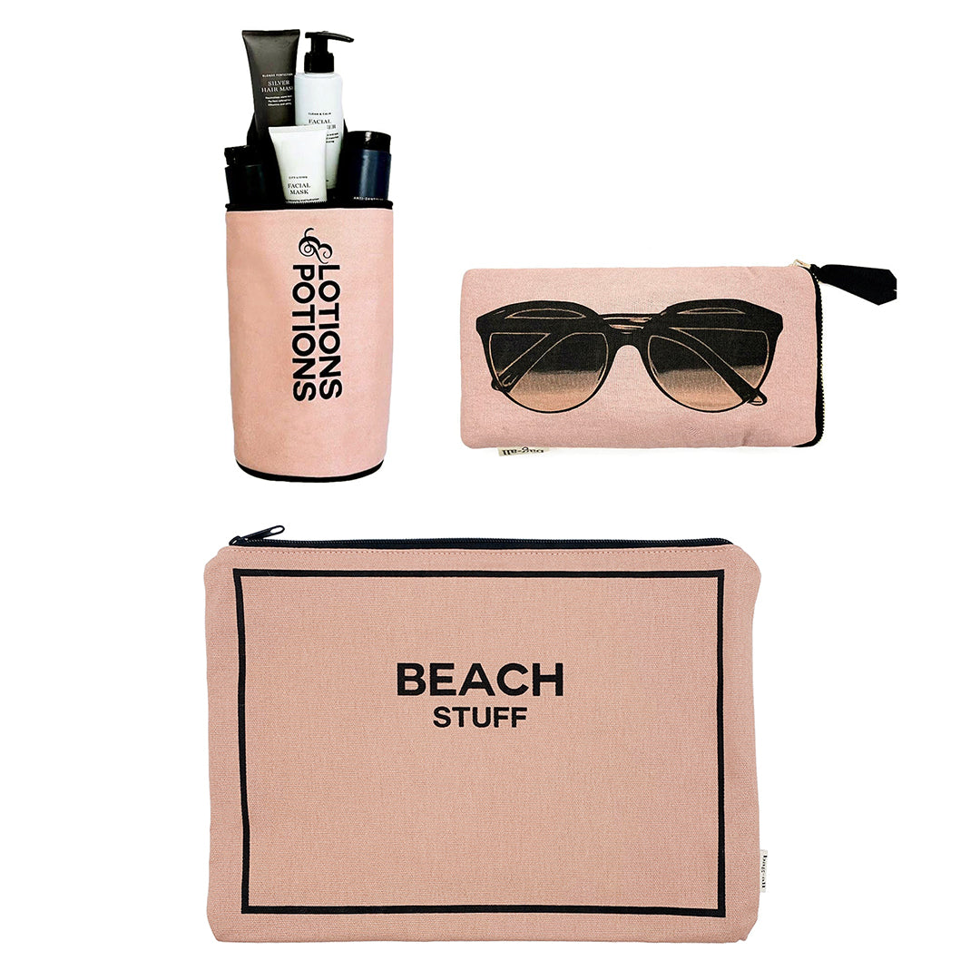 Bag-all Stylish Beach Essentials 3-pack in pink featuring waterproof pouch for lotions, sunglasses case, and beach stuff organizer bag with black text details