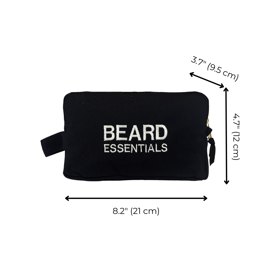 Black Bag-all Beard Essentials pouch with white embroidery shown with dimensions on white background