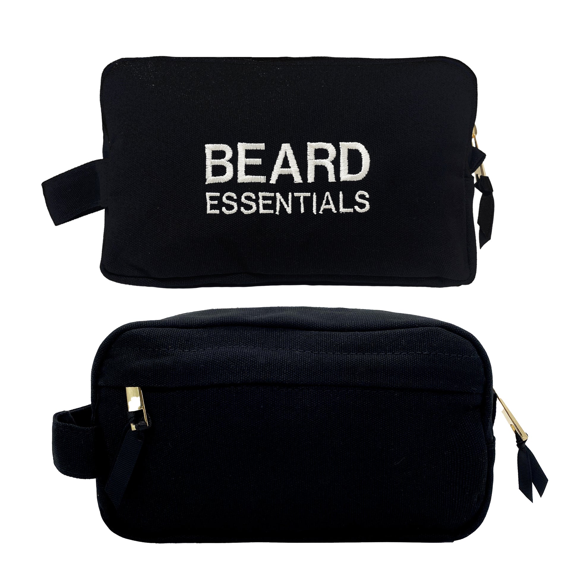 Black Bag-all Beard Essentials pouch with white embroidery and gold zipper angled to show front and back views