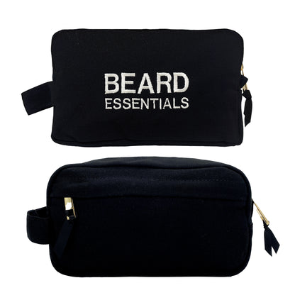 Black Bag-all Beard Essentials pouch with white embroidery and gold zipper angled to show front and back views