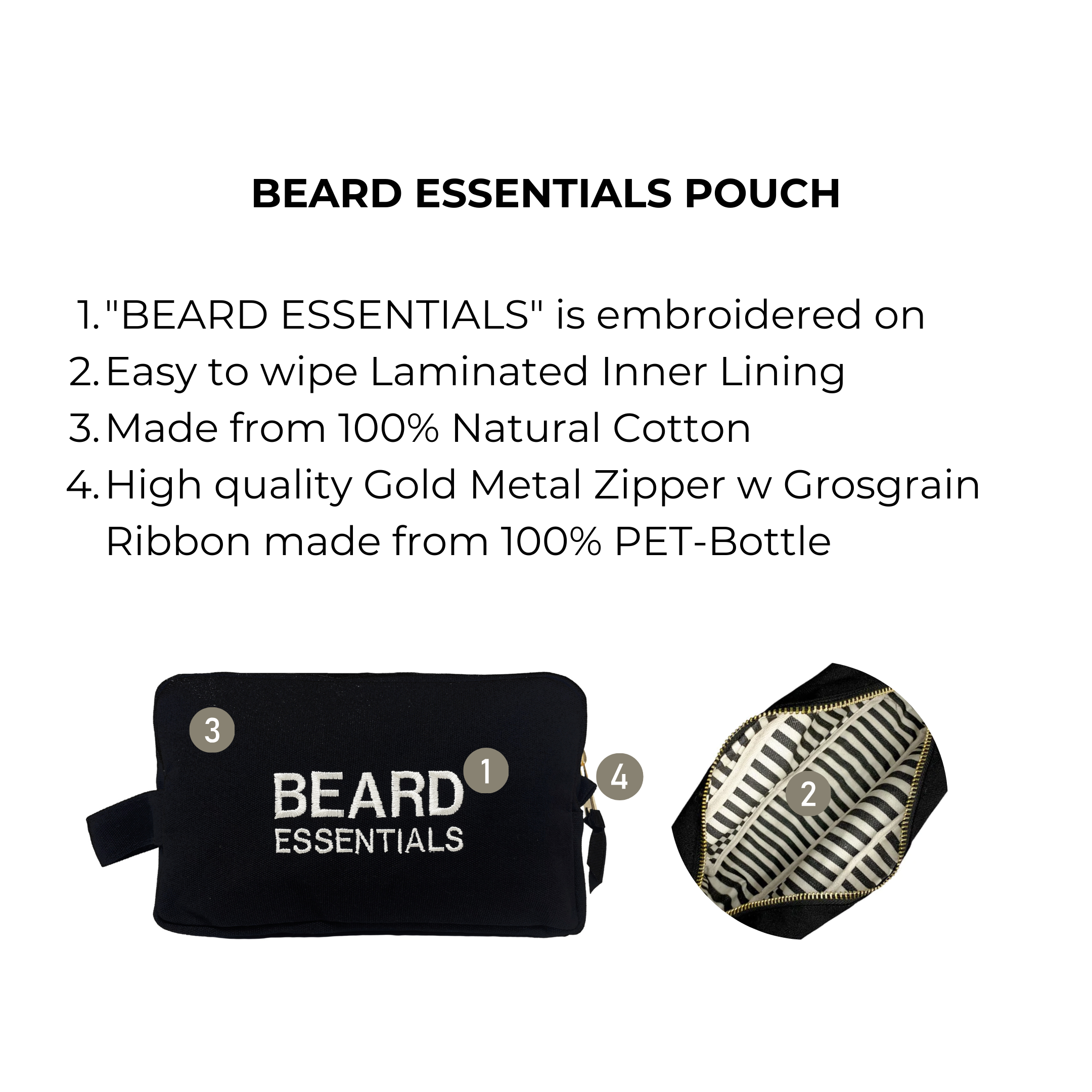 Bag-all Beard Essentials Pouch in black with embroidered text, striped inner lining, and gold zipper. Made from 100% natural cotton