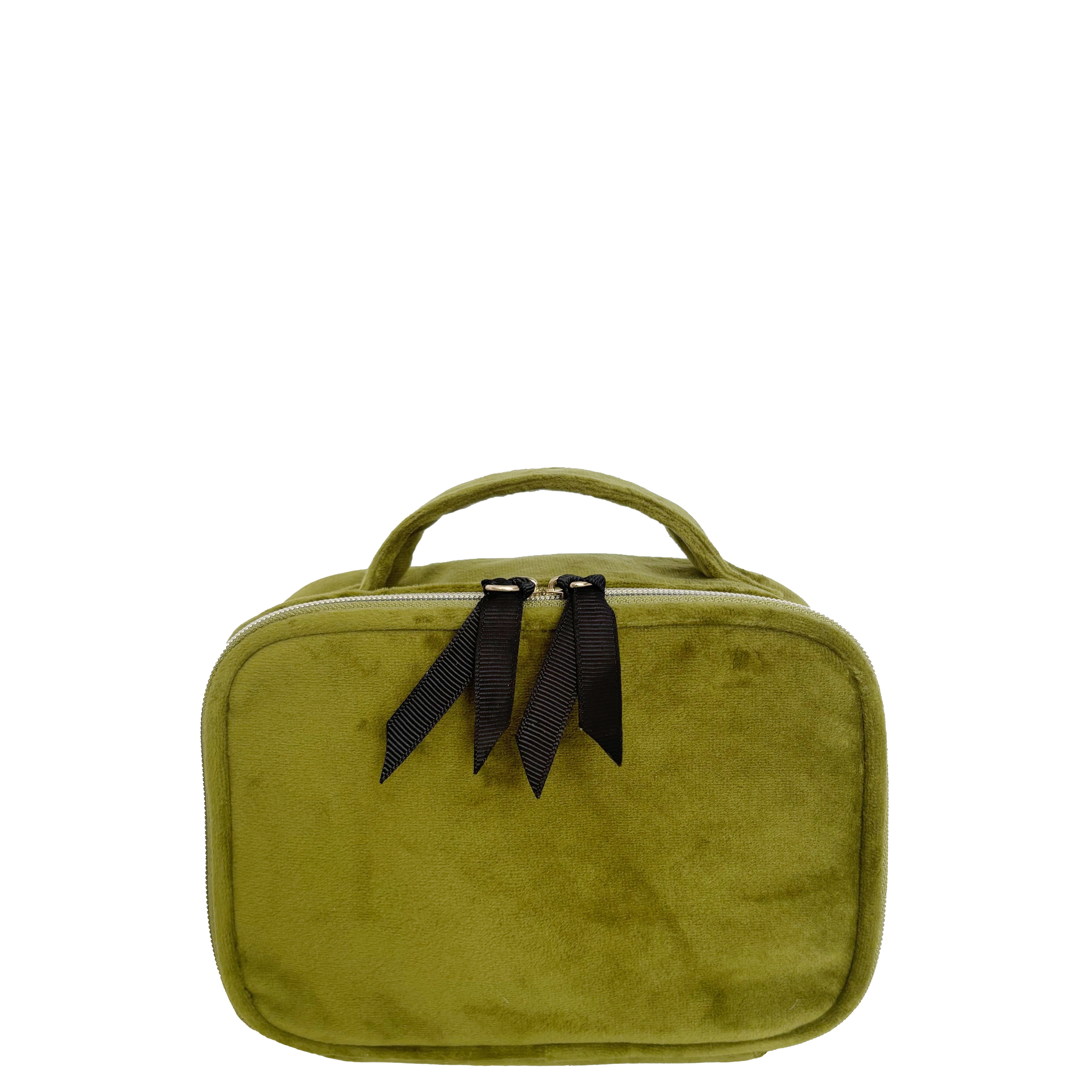 Bag-all Small Beauty Box in luxurious green velvet with black zipper details and carrying handle - compact travel organizer for makeup and accessories