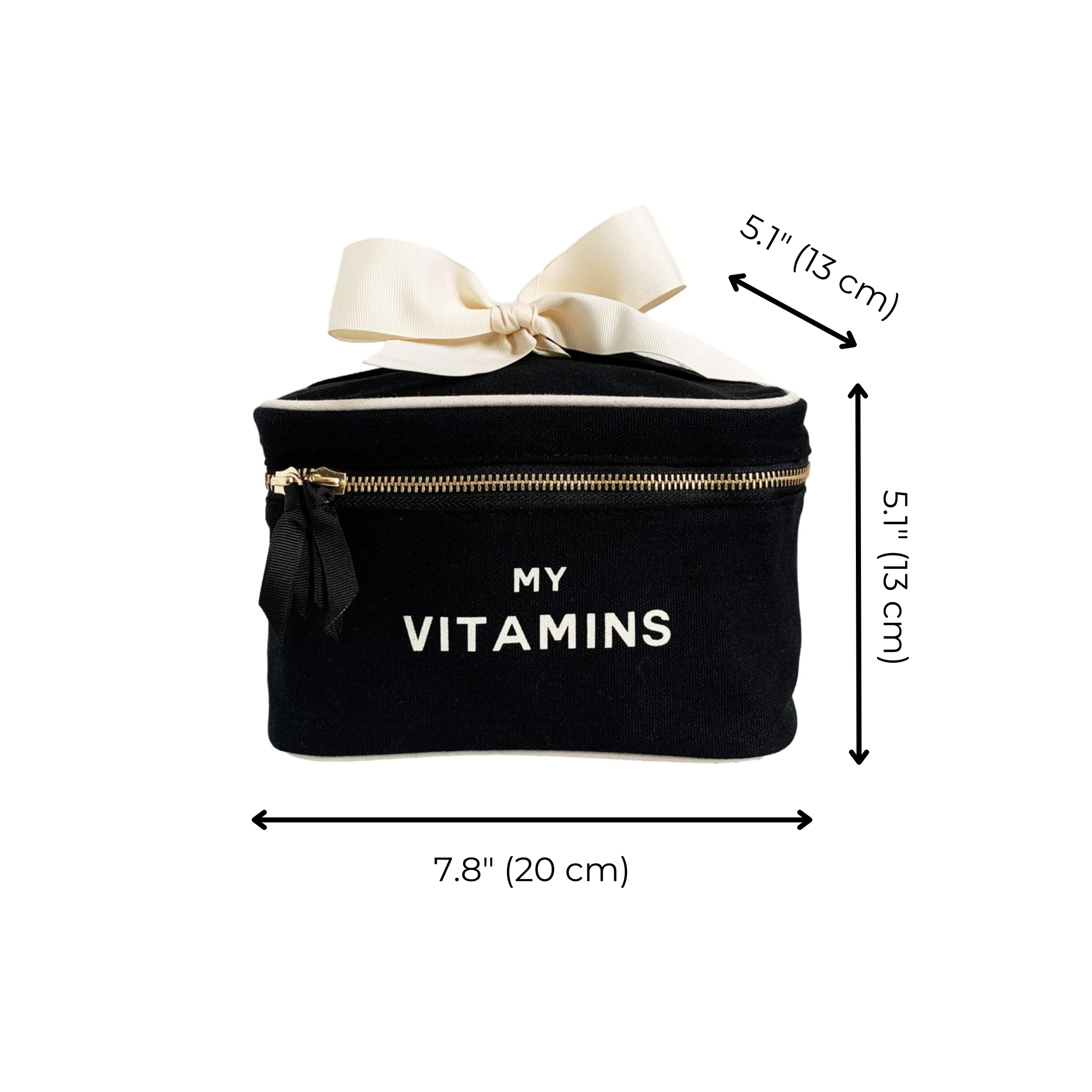 Bag-all black Vitamins Storage and Travel Box with cream bow, featuring gold zipper and "MY VITAMINS" text, measuring 7.8x5.1 inches, perfect for organizing supplements