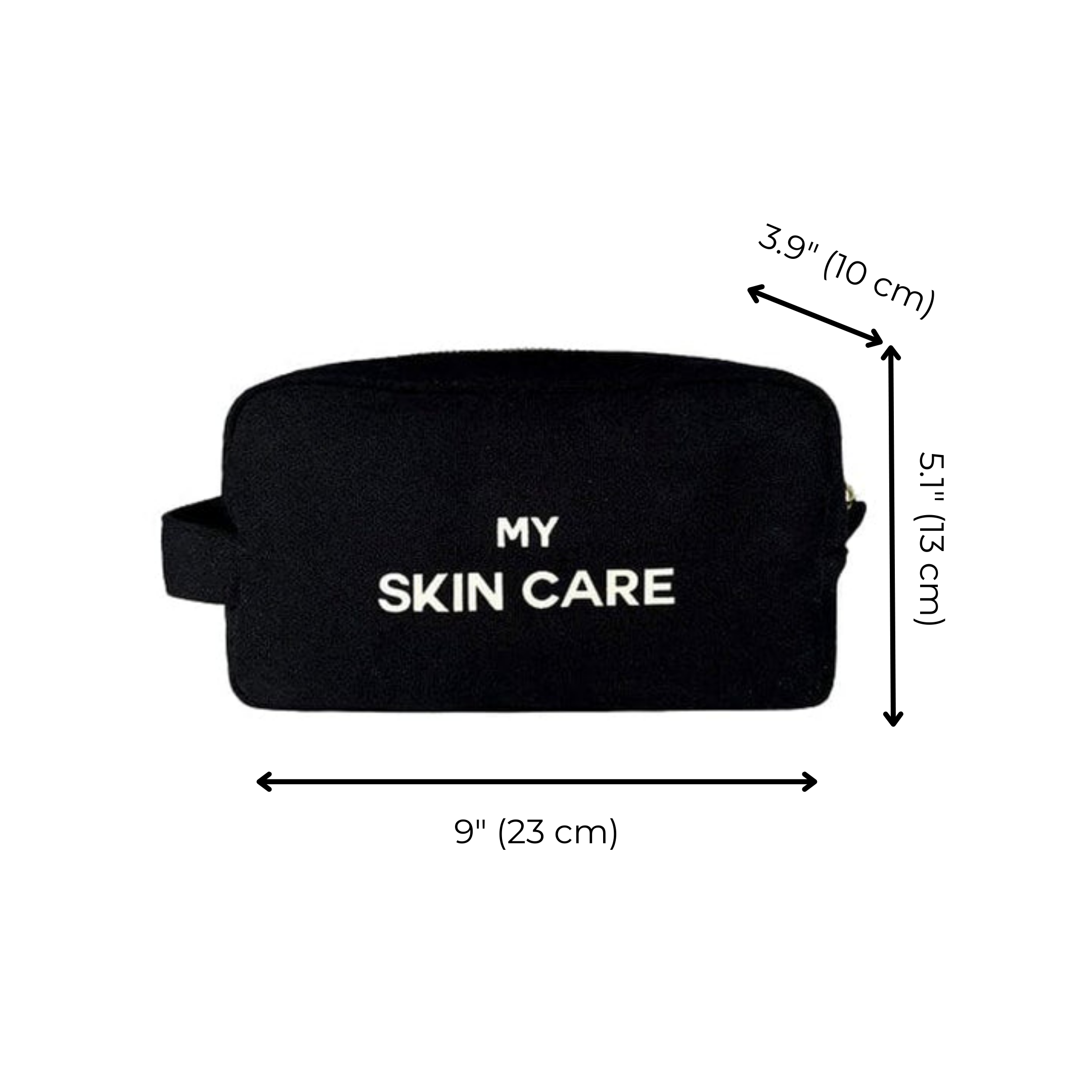 Bag-all My Skin Care Organizing Pouch in black cotton with waterproof lining, gold zipper, and white text. Size: 9x3.9x5.1 inches. Perfect for skincare storage and travel.