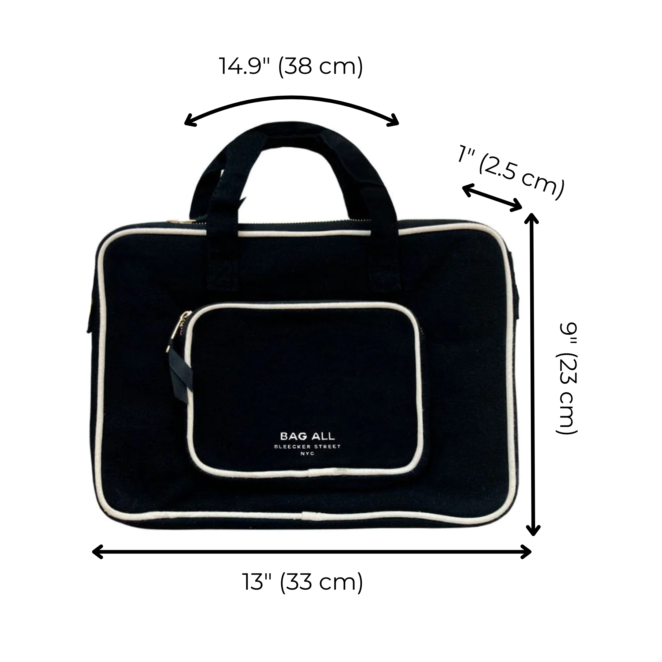 Bag-all Laptop Case 13" in black with double handle and charger pocket, featuring white trim detail, convenient front storage, and protective padding. Product dimensions: 13" x 9" x 1