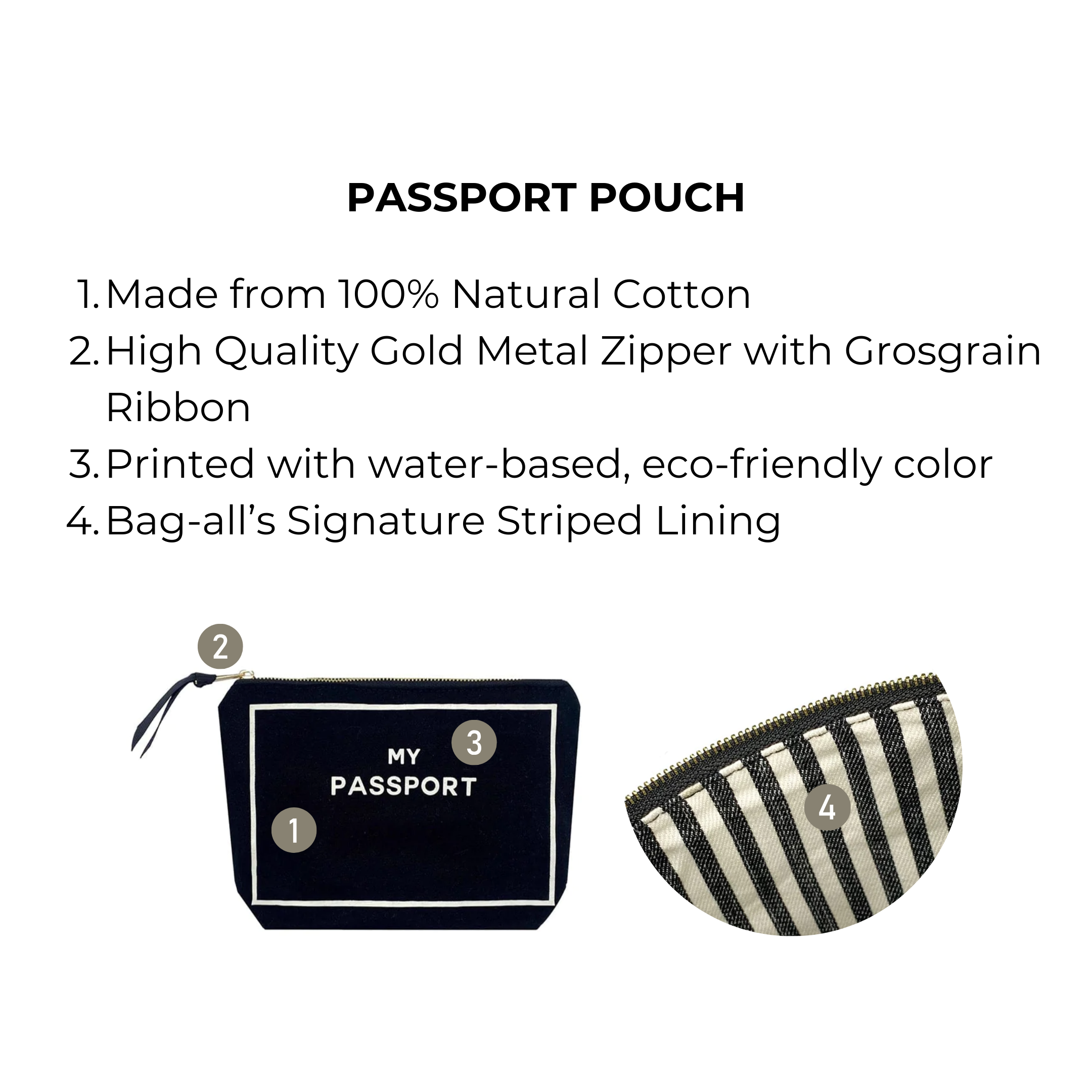 Bag-all Black Passport Pouch with striped lining, gold zipper, and natural cotton construction. Travel organizer for passports, cards, and documents.