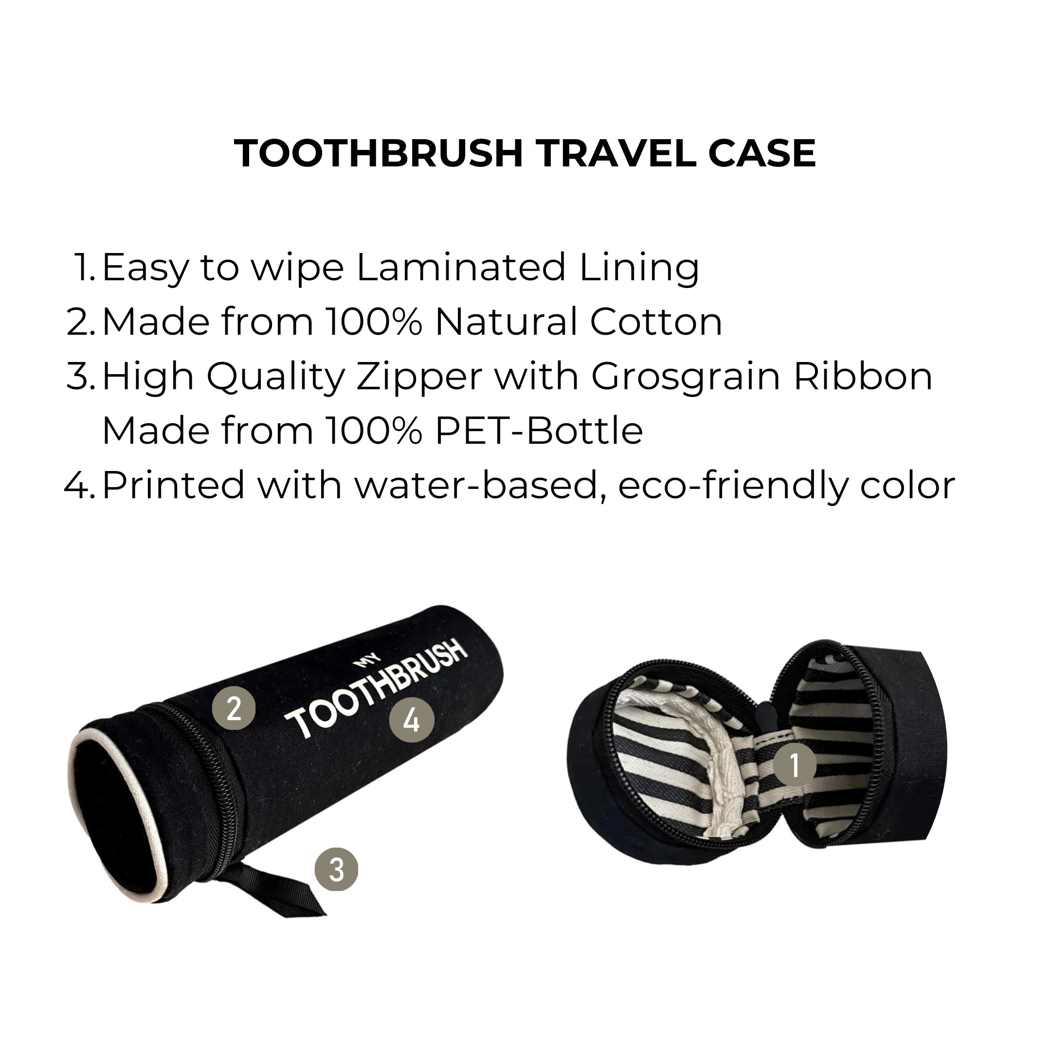 Bag-all Black Toothbrush Travel Case - eco-friendly cotton organizer with laminated lining and recycled zipper, fits 5 toothbrushes and toothpaste, perfect for home storage and travel