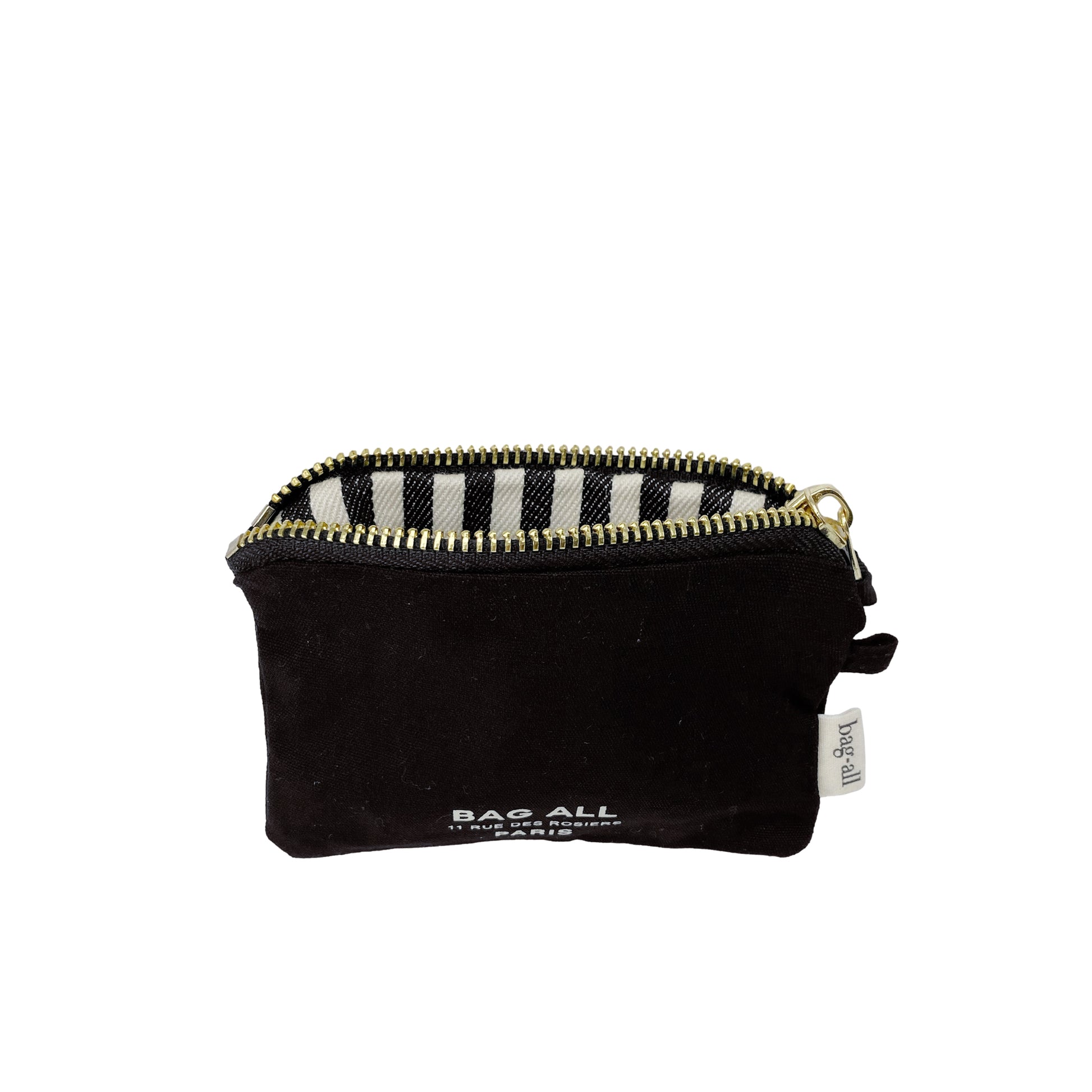 Bag-all Mini Trinket Pouch in Black with striped interior lining, compact zippered storage pouch for organizing small essentials and accessories