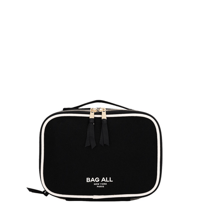 Black double-sided Bag-all multi-use case with white trim and gold zipper pulls on white background
