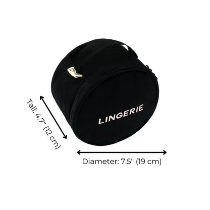 Black round lingerie case with handle and zipper featuring Bag-all logo and size dimensions on white background
