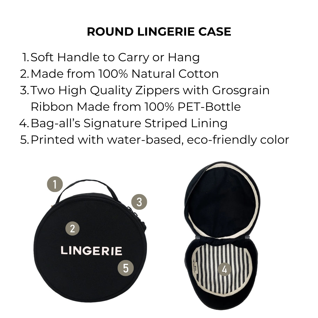 Black round lingerie case with soft handle and striped lining by Bag-all, made from natural cotton and eco-friendly materials