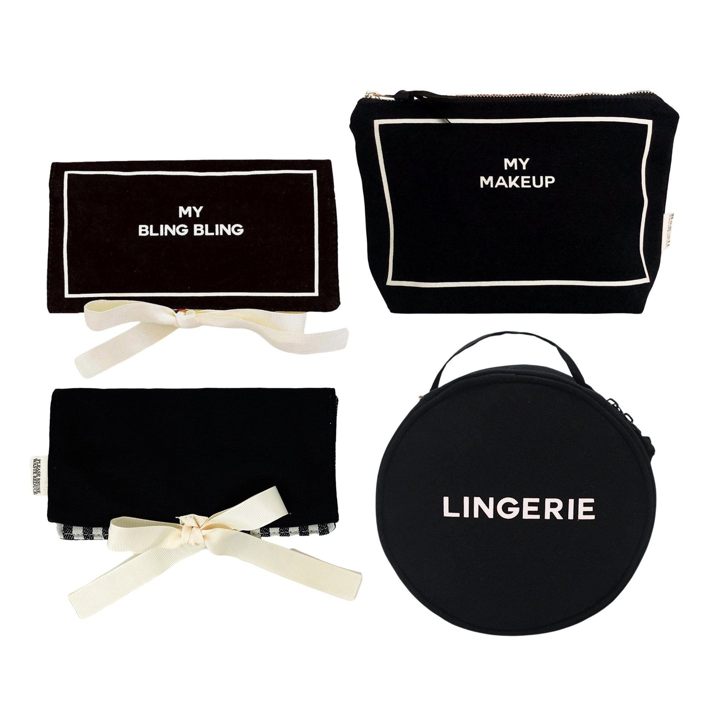 Bag-all black 3-pack gift set with lingerie case, makeup pouch, jewelry wrap, and bling pouch on white background