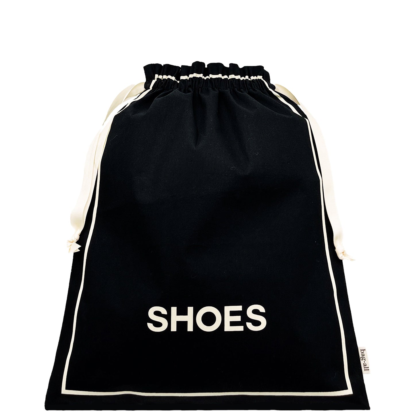 Bag-all black canvas shoe bag with white lettering and drawstring for organized travel packing essentials