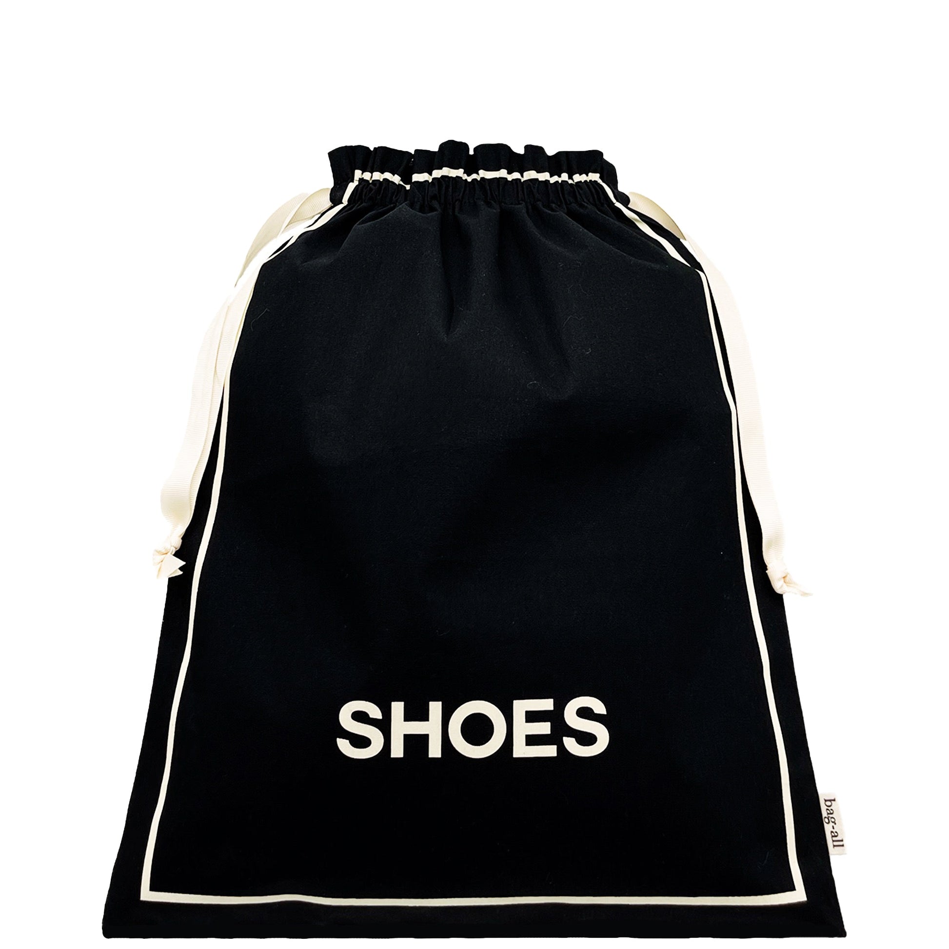 Bag-all black canvas shoe bag with white lettering and drawstring for organized travel packing essentials