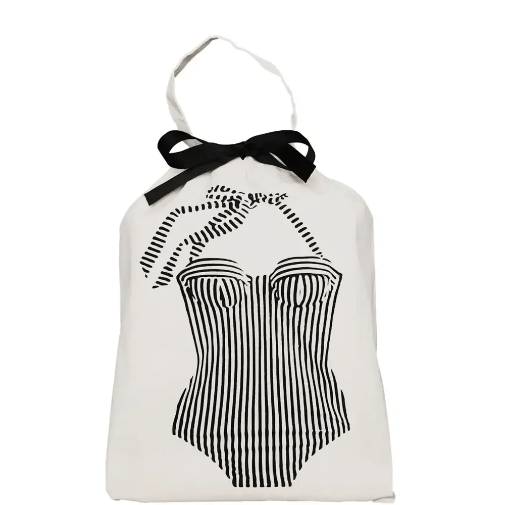 Bretagne Swimsuit Travel Bag – Cream Paris-designed cotton travel bag with black swimsuit print by Bag-all for organization