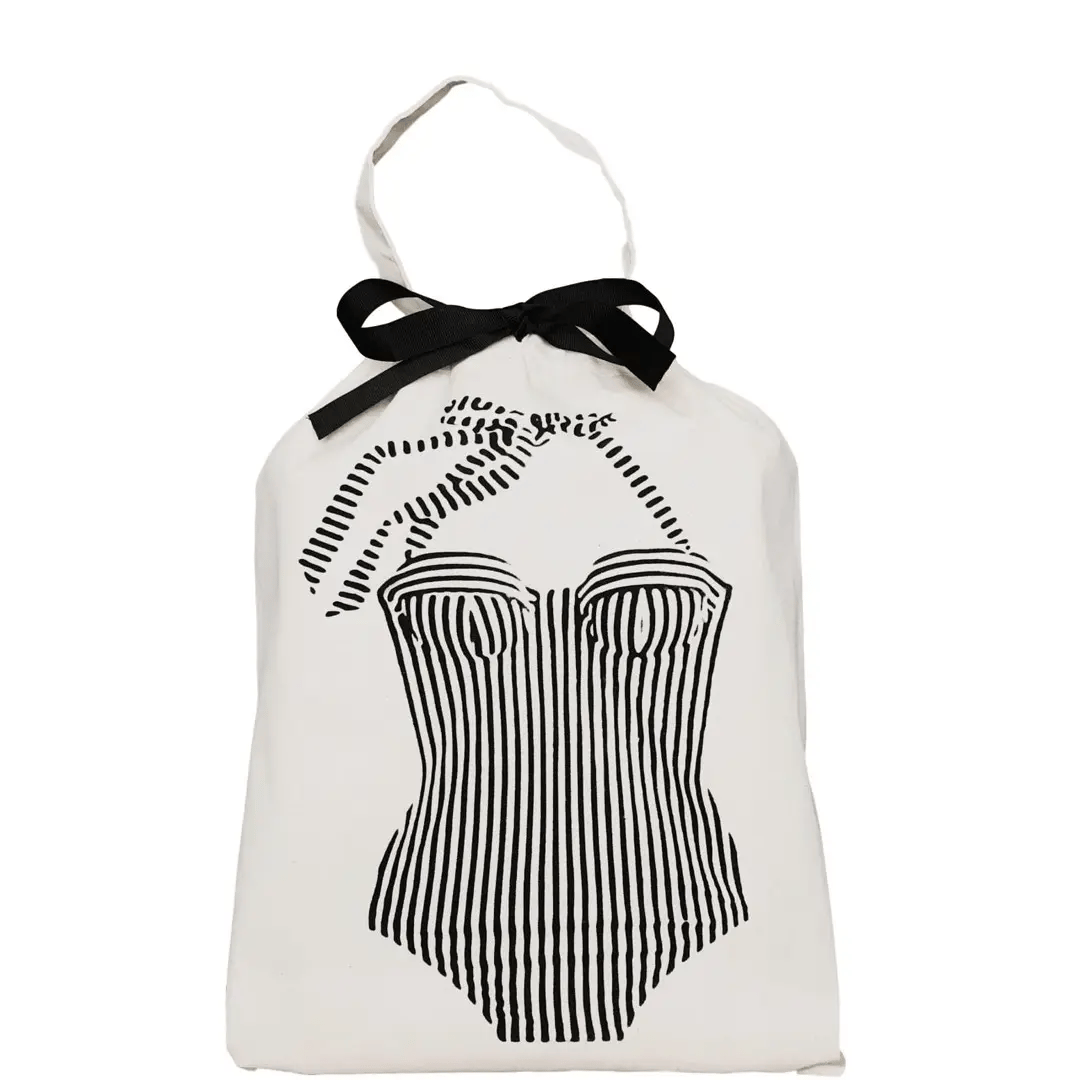 Bretagne Swimsuit Travel Bag – Cream Paris-designed cotton travel bag with black swimsuit print by Bag-all for organization