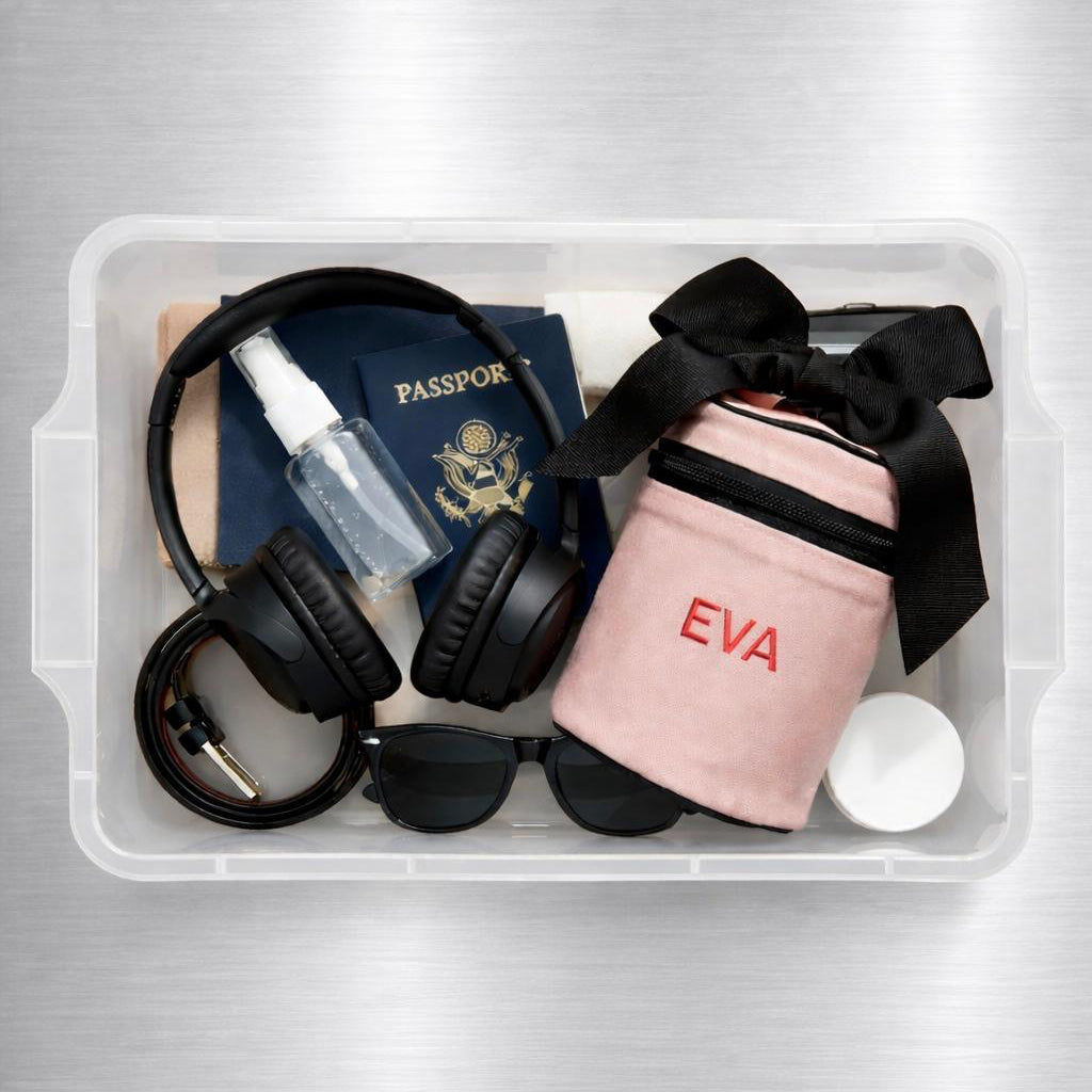Clear plastic storage bin with black headphones, passport, clear spray bottle, sunglasses, and pink Bag-all travel case with black bow