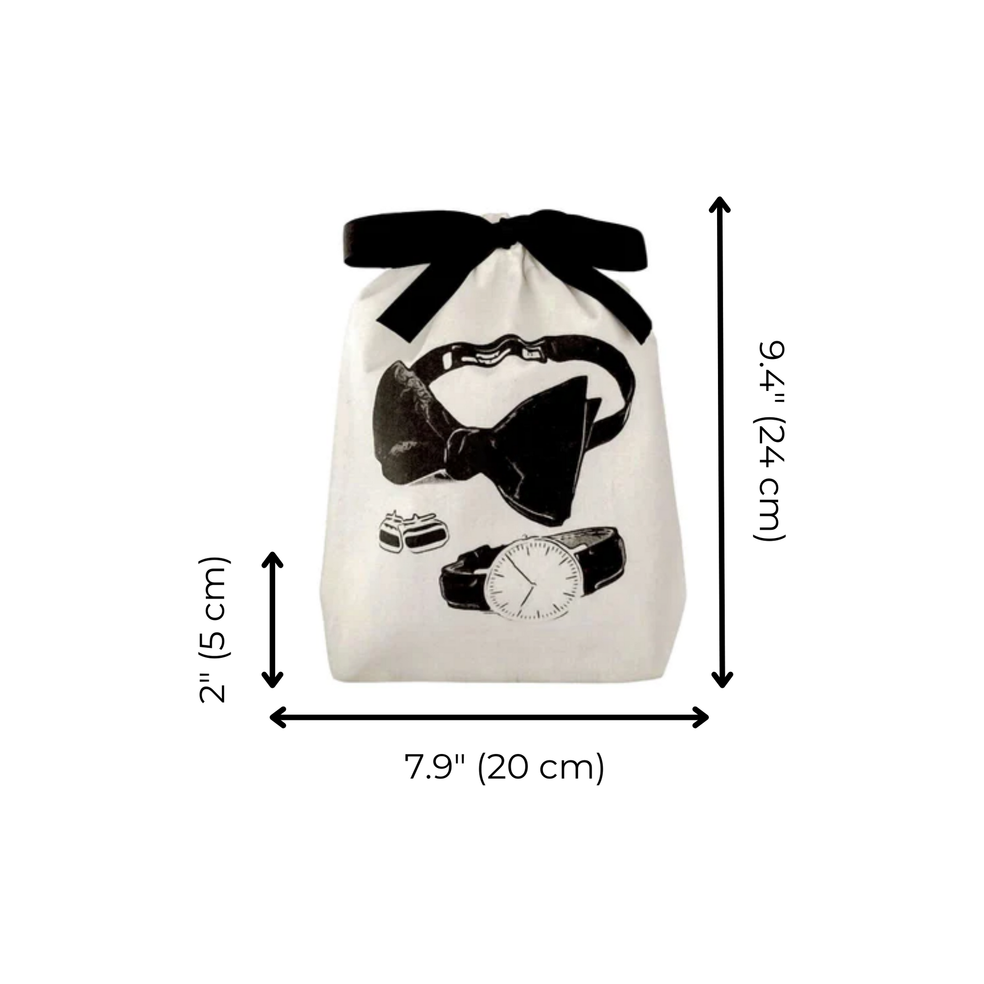 Bag-all Men's Accessories Bag in cream cotton with black bow, featuring stylish illustrations of bow tie, watch and cufflinks. Size: 9.4 x 7.9 inches.