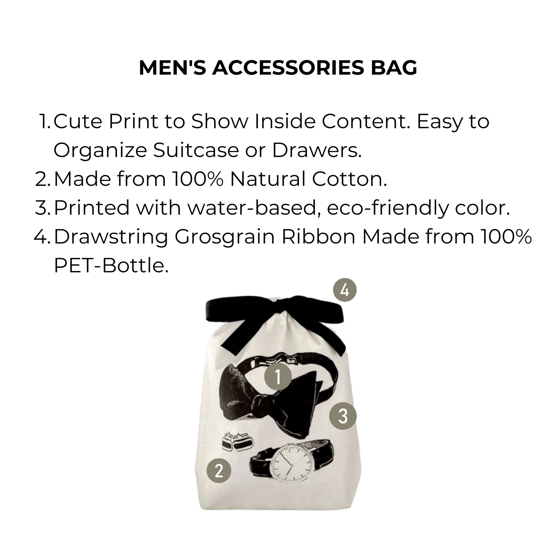 Bag-all Men's Accessories Bag in cream cotton featuring black illustrated prints of watch, cufflinks and bow tie, with eco-friendly drawstring closure for organized travel storage