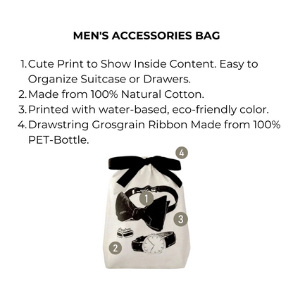 Bag-all Men's Accessories Bag in cream cotton featuring black illustrated prints of watch, cufflinks and bow tie, with eco-friendly drawstring closure for organized travel storage