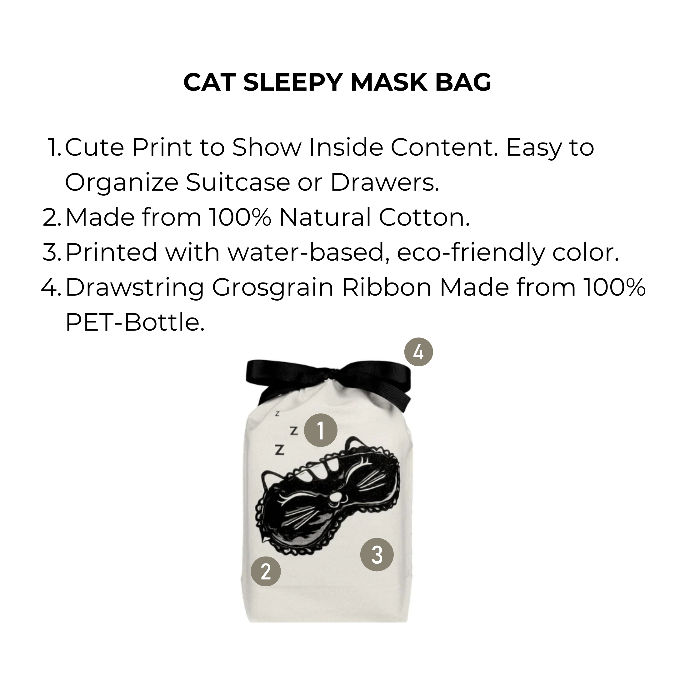 Bag-all Cat Sleepy Mask Bag in cream cotton featuring black cat eye mask print, eco-friendly water-based ink, and recycled PET ribbon drawstring for organized sleep accessories storage
