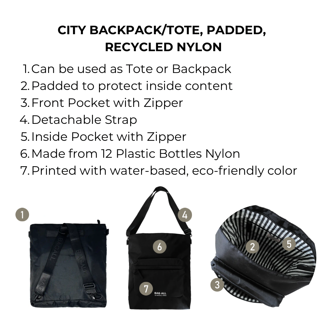 City Backpack/Tote, Padded, Recycled Nylon, Black, New York | Bag-all