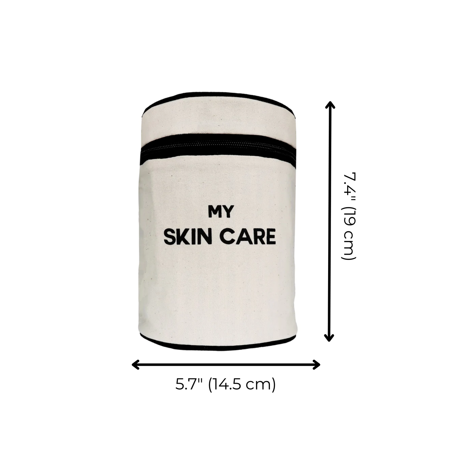 Bag-all Round My Skin Care Case in cream, cylindrical organizer with black trim and text, featuring laminated lining and internal pockets for beauty products