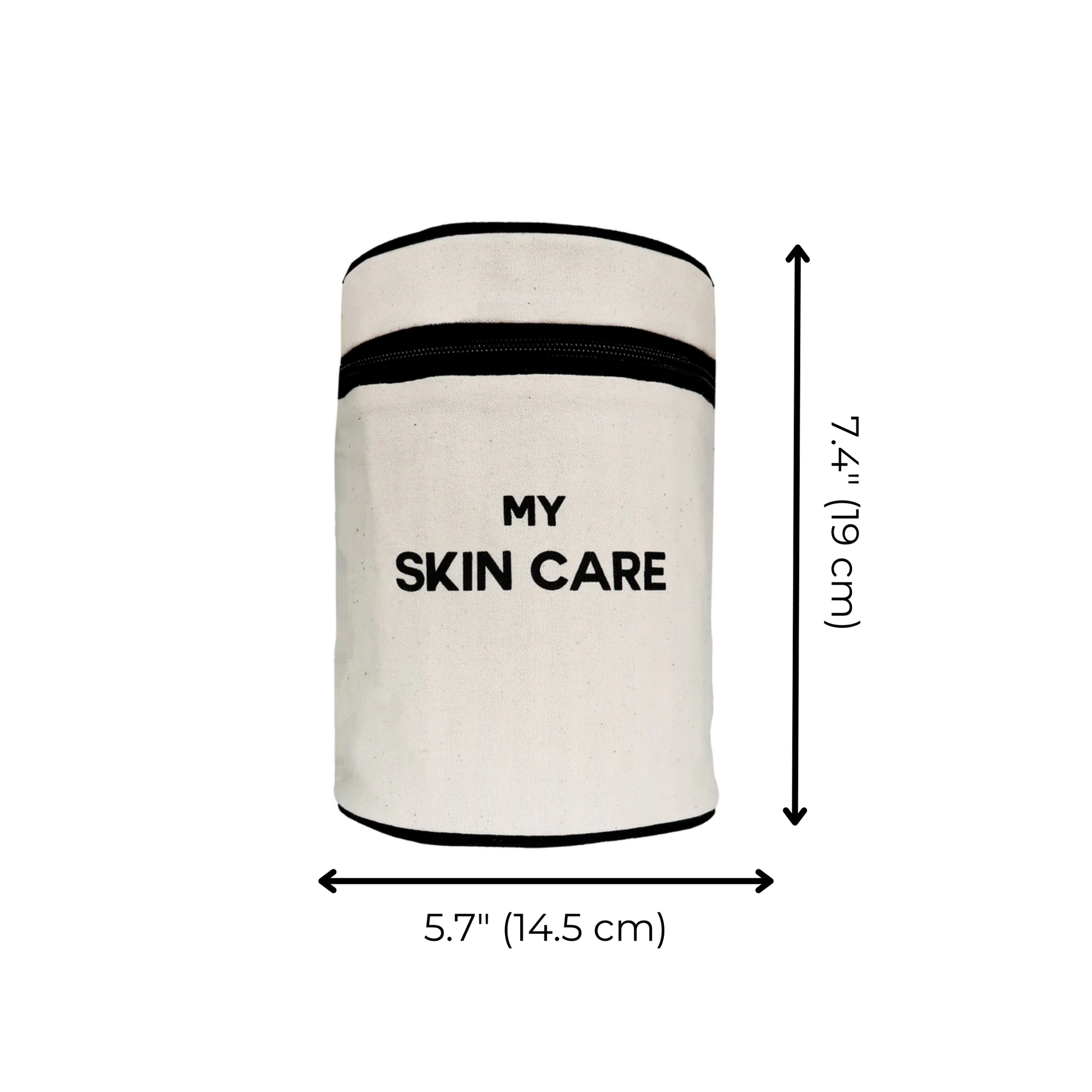 Bag-all Round My Skin Care Case in cream, cylindrical organizer with black trim and text, featuring laminated lining and internal pockets for beauty products