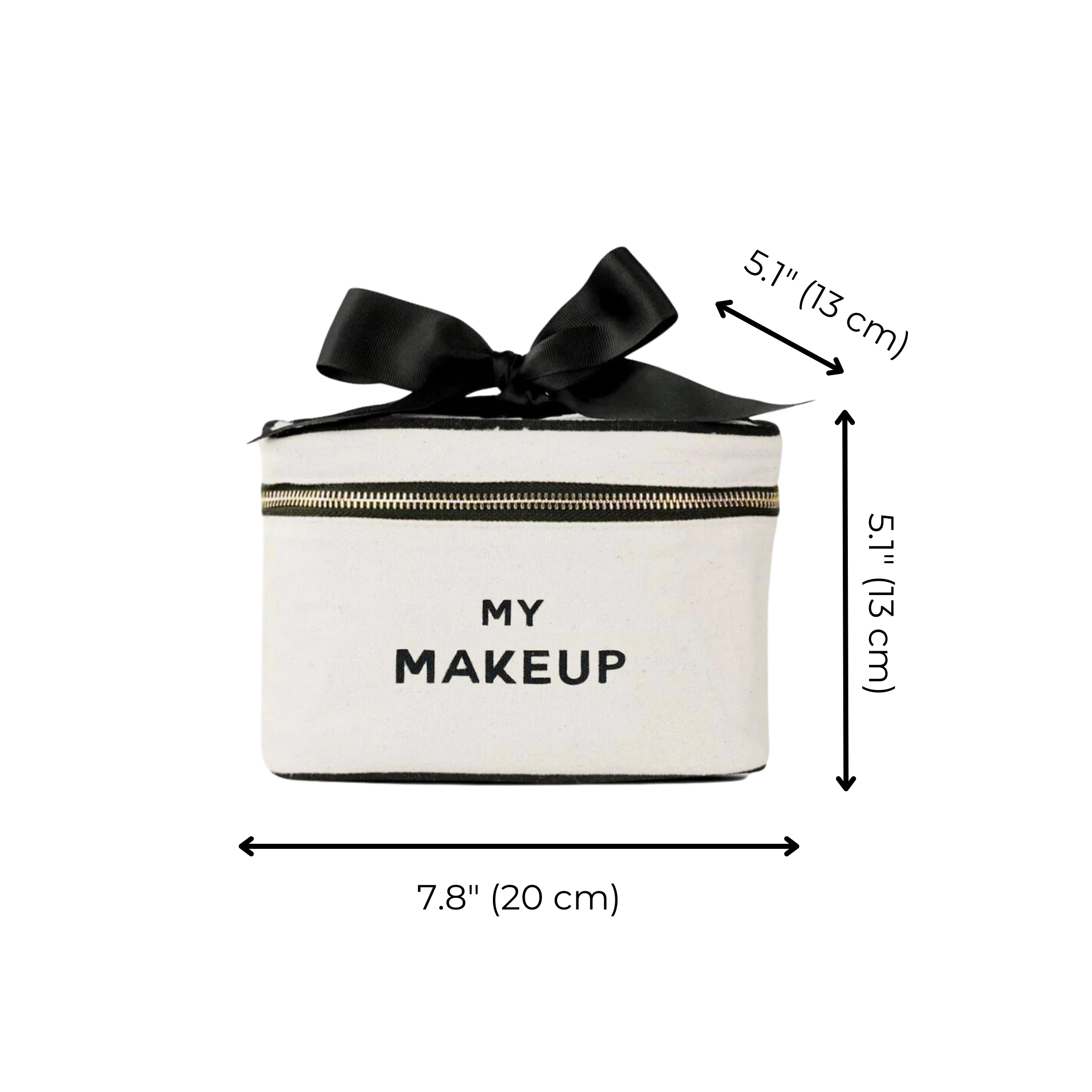 Bag-all My Makeup Cosmetic Box in cream canvas with black bow, gold zipper and dimensions 7.8x5.1x5.1 inches, perfect for organizing beauty essentials