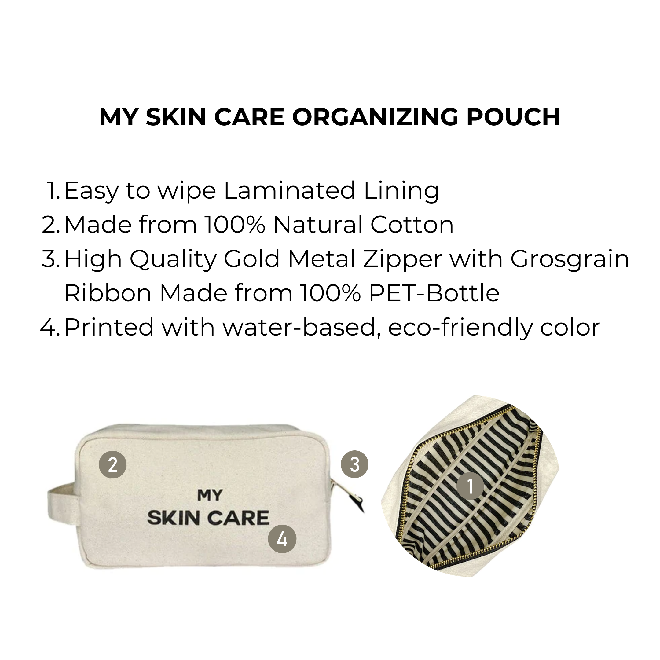 Beauty Lover Gift Set, 3-Pack Makeup, Skincare & Jewelry Organizers, Cream with Bag-all’s personalized natural cotton skincare pouch featuring gold zipper and wipe-clean lining.