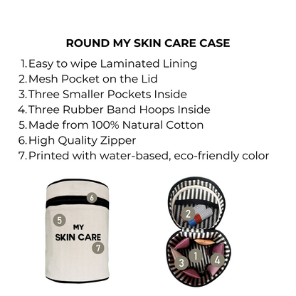 Bag-all Round My Skin Care Case in cream with laminated lining, mesh pocket, and three interior compartments. Eco-friendly cotton cylinder organizer with rubber bands for secure storage.