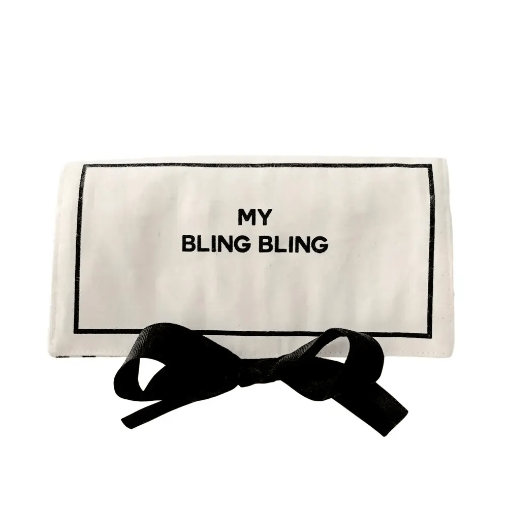 Bag-all cream jewelry organizer travel pouch with black tie closure and My Bling Bling text on white background