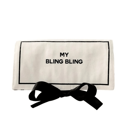 Bag-all cream jewelry organizer travel pouch with black tie closure and My Bling Bling text on white background