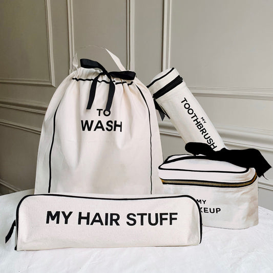 Bag-all Deal Gift Set featuring cream cotton travel organizers - To Wash laundry bag, My Hair Stuff case, toothbrush holder, and makeup box with black trim and waterproof striped lining