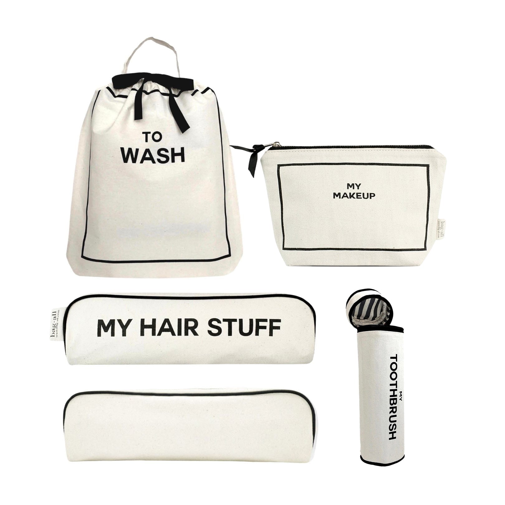 Bag-all Best Deal Gift Set featuring cream cotton travel organizers: To Wash laundry bag, makeup pouch, hair stuff case, and toothbrush holder with signature striped lining