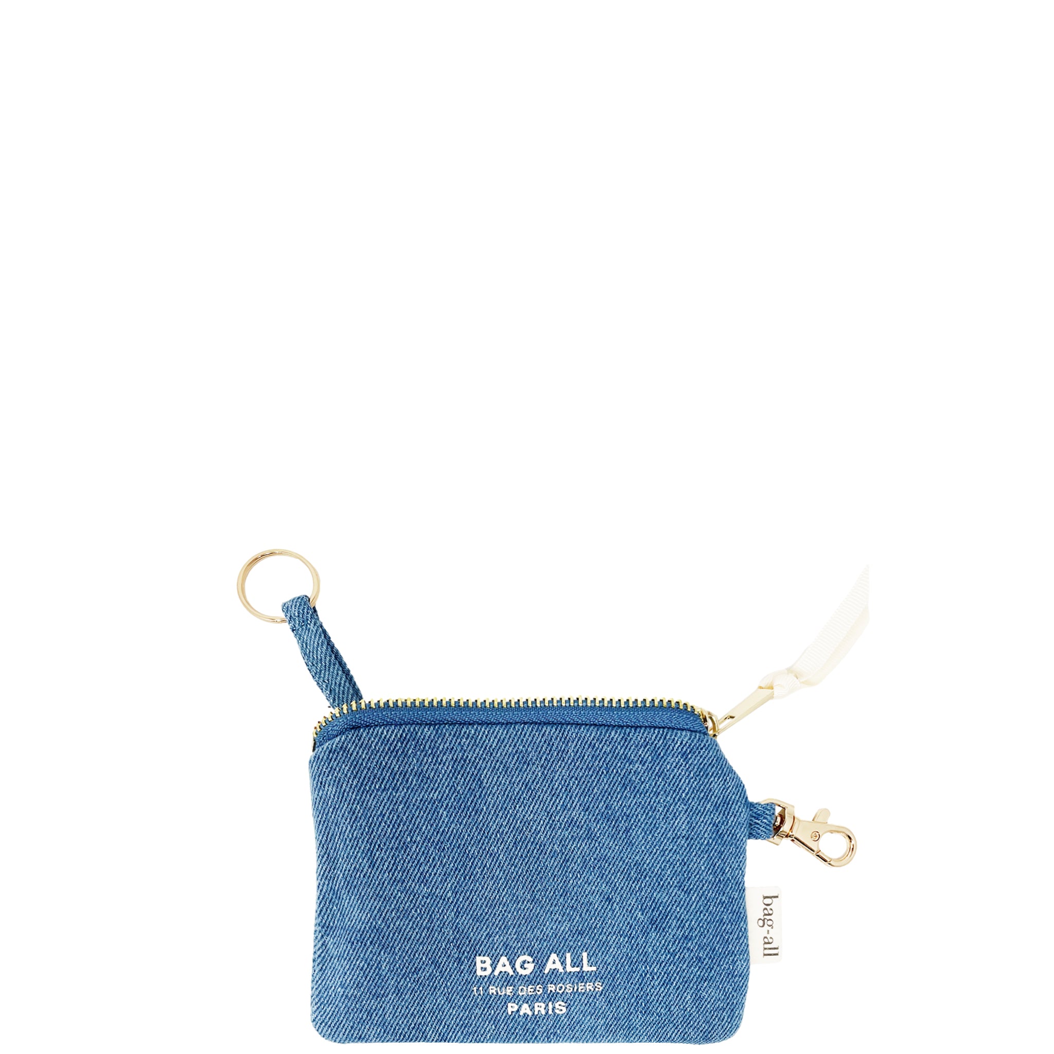 Bag-all Mini Trinket Pouch in denim with gold zipper and keyring attachments, perfect for organizing small essentials in style