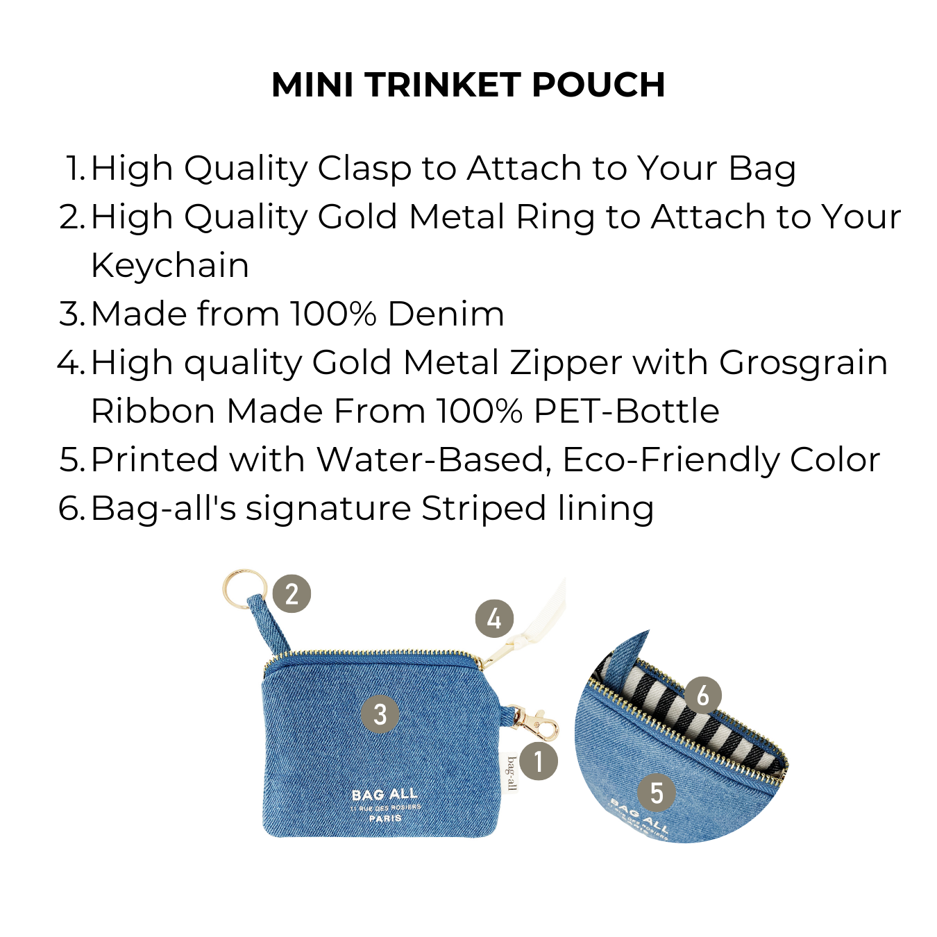 Bag-all Mini Trinket Pouch in denim with gold hardware, eco-friendly zipper, and striped lining - compact organizer for small essentials with keychain attachment and water-based printing