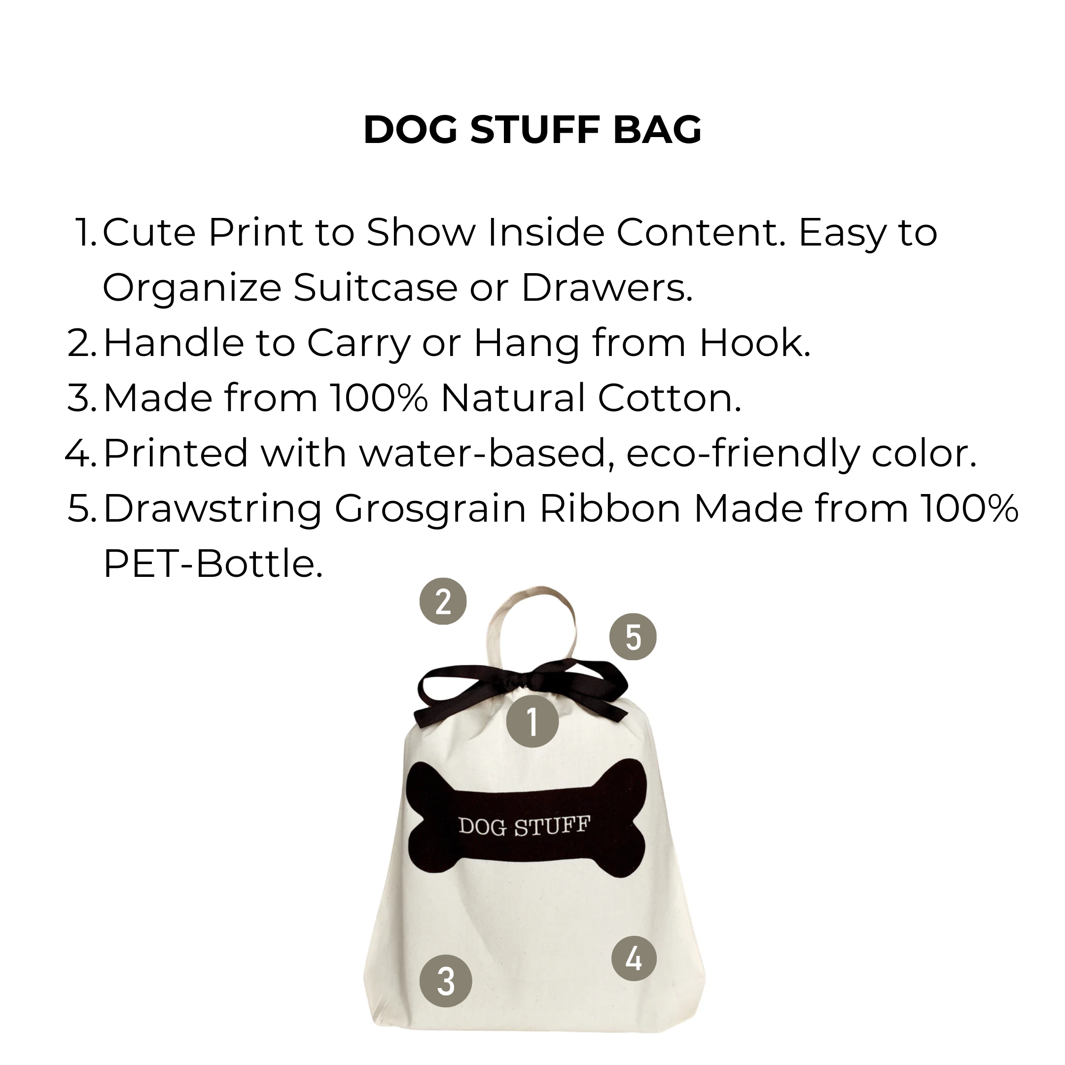 Bag-all Dog Stuff Bag in cream cotton with black bone print, eco-friendly drawstring organizer featuring natural materials and monogram option for pet accessories and storage