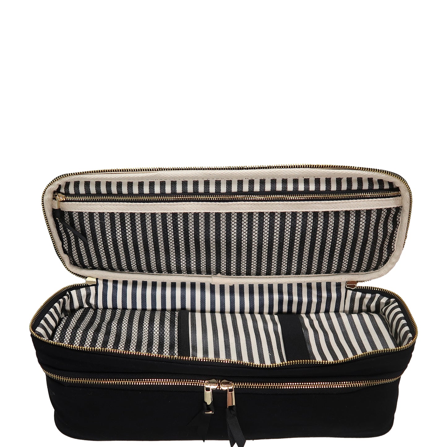 Open black Bag-all Double Hair Tools Travel Case showing striped interior compartments with gold zippers