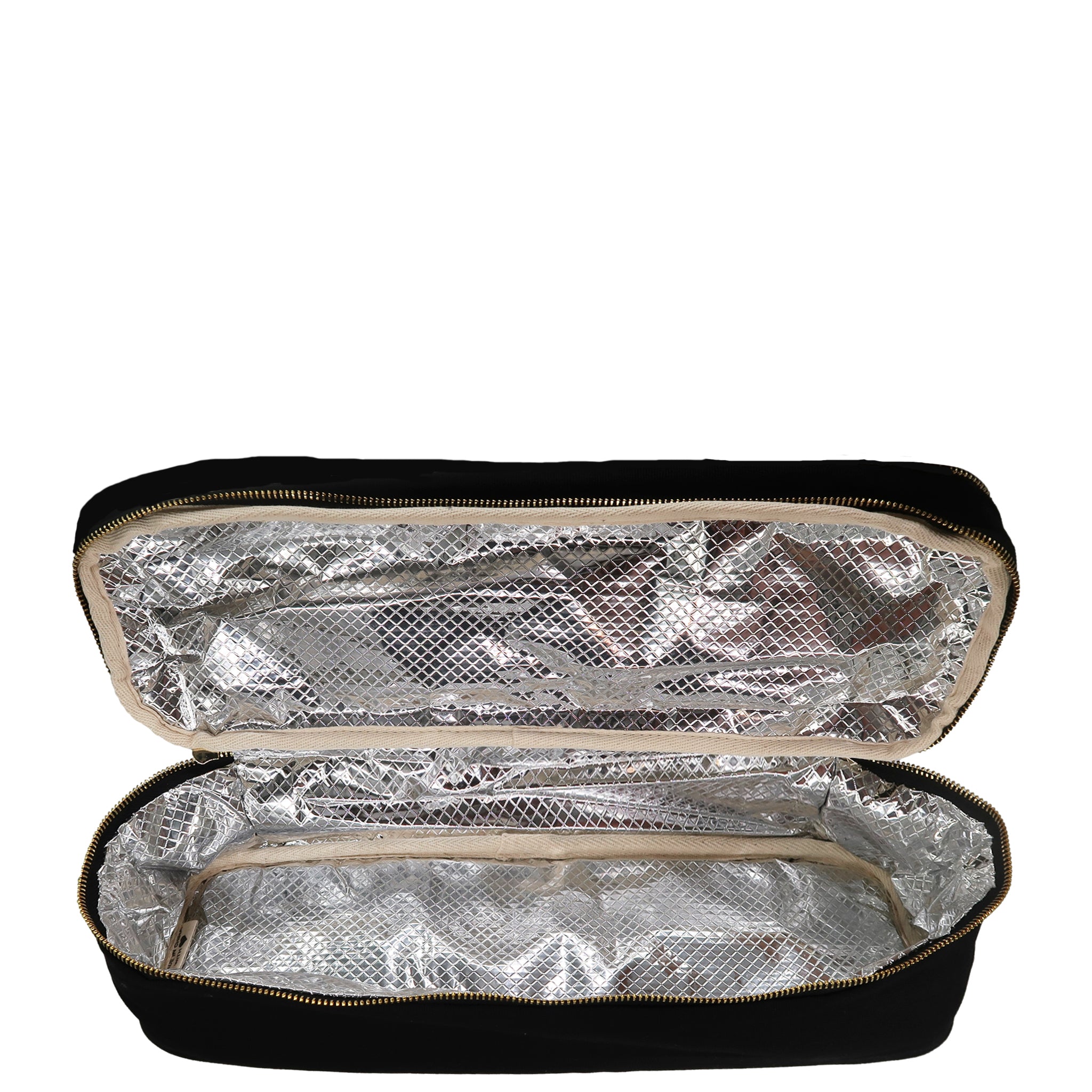 Open black Bag-all Double Hair Tools Travel Case showing silver insulated interior lining with zipper closure