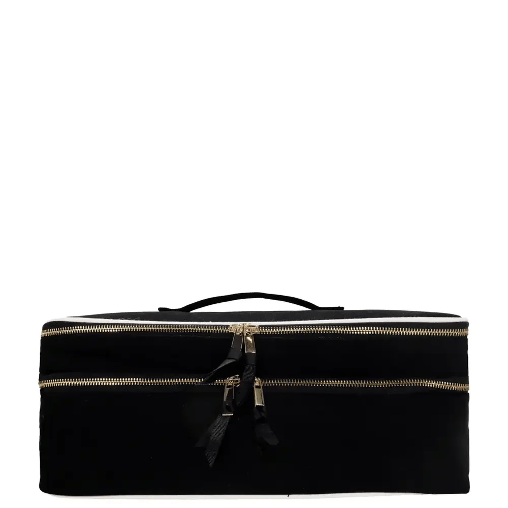 Black Bag-all Double Hair Tools Travel Case with gold zippers and handle on white background