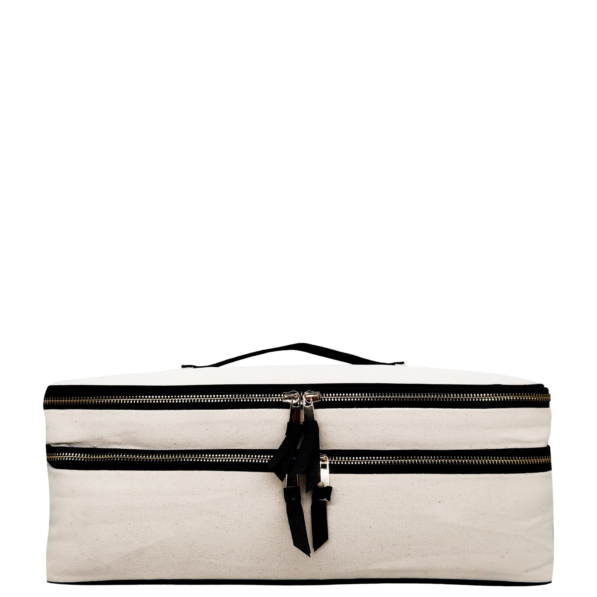 Cream Bag-all Double Hair Tools Travel Case with black zipper and handle on white background