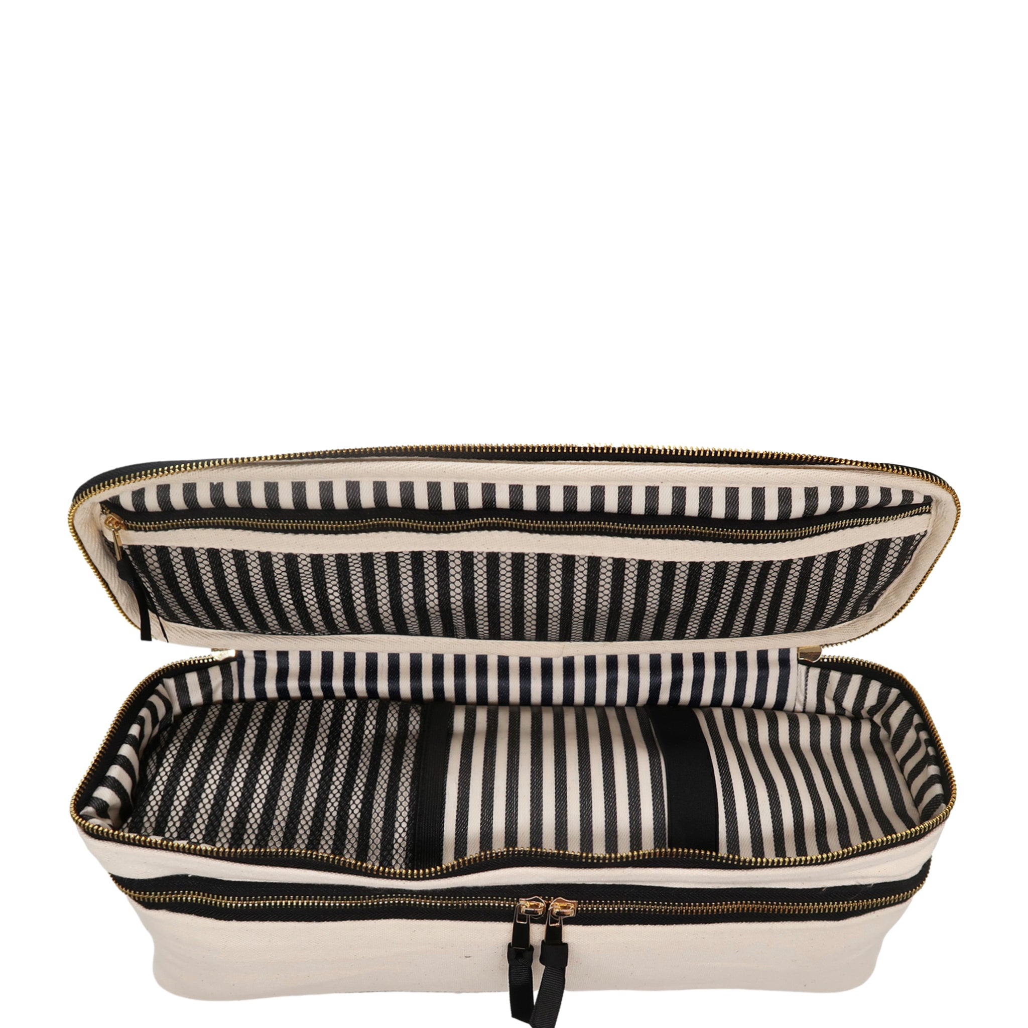 Open cream Bag-all Double Hair Tools Travel Case with black and white striped interior and zip compartments