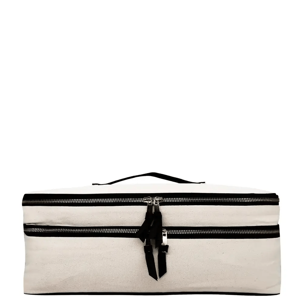 Cream Bag-all Double Hair Tools Travel Case with black zippers and handle on white background