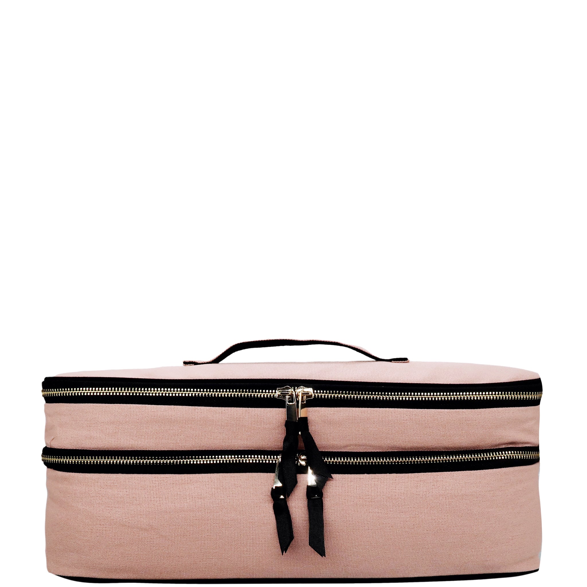 Pink blush Bag-all double hair tools travel case with black zippers and handle on white background