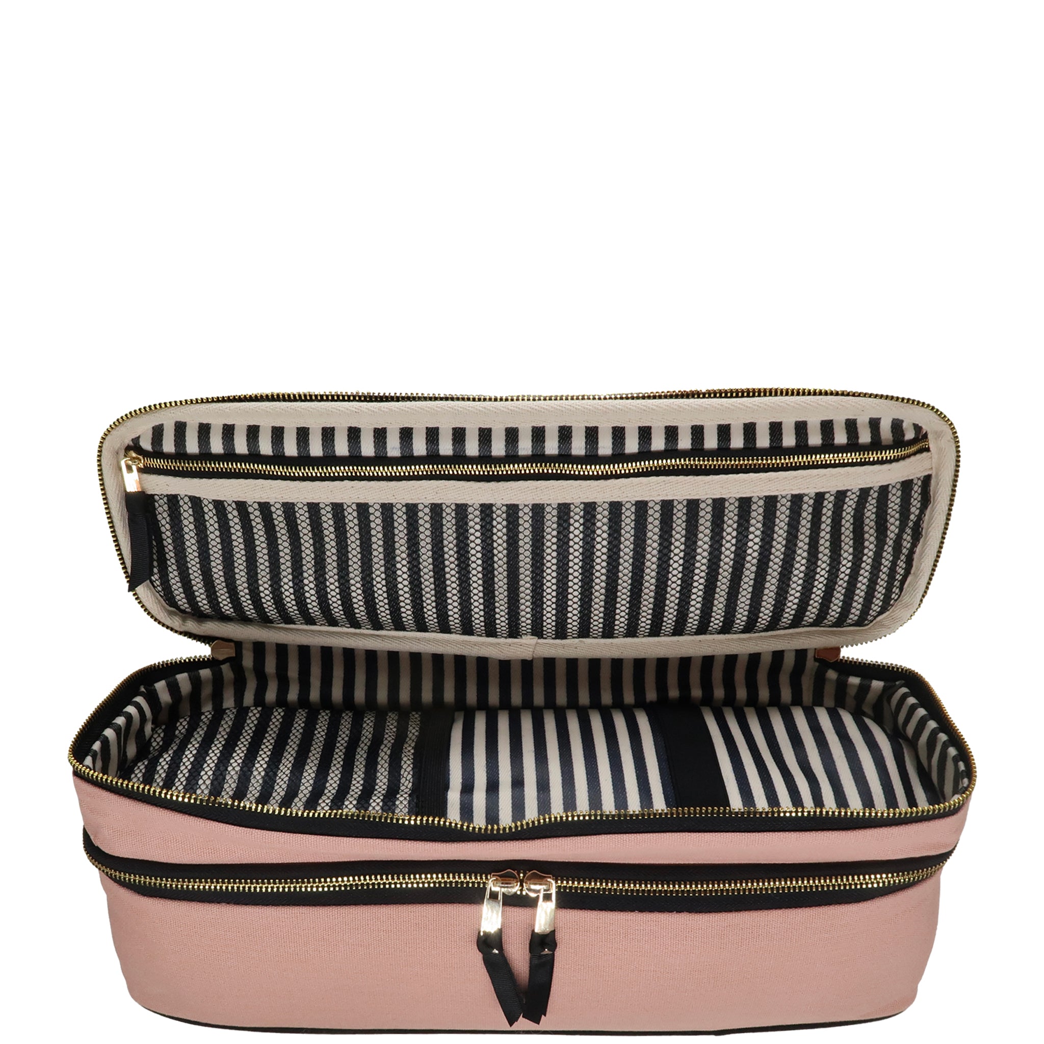 Open pink Bag-all Double Hair Tools Travel Case with black and white striped interior compartments and zipper pockets