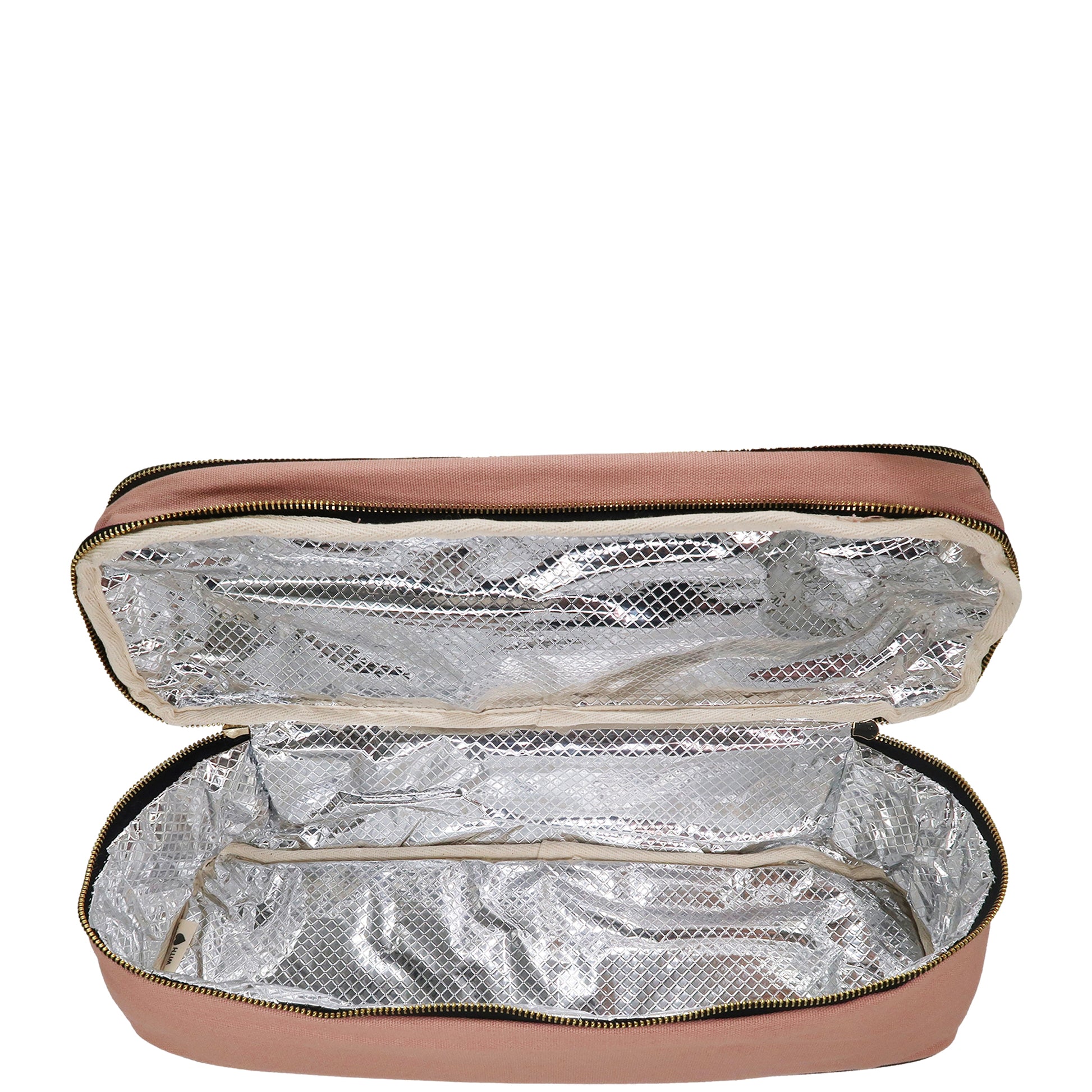 Open pink Bag-all Double Hair Tools Travel Case showing silver insulated interior with zipper closure